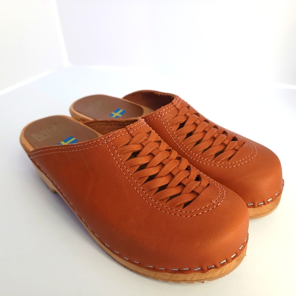 MIA Tan Leather Woven Clog Mules